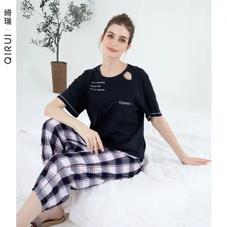 绮瑞家居服女夏季短袖九分裤套装休闲可外穿格子纯棉睡衣女夏薄款图片