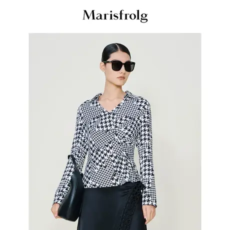 【逐光之旅】玛丝菲尔秋季V领千鸟格腰部褶皱设计感衬衫商品大图