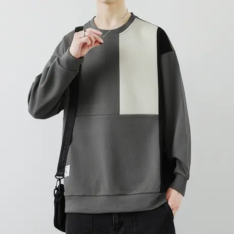 圆领卫衣男款春秋季新款宽松拼接长袖t恤男士潮牌简约内搭打底衫商品大图