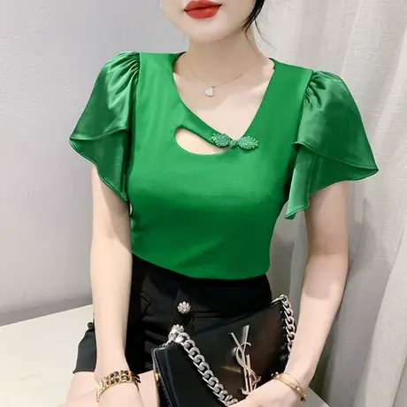 中式复古盘扣短袖上衣女夏季性感镂空荷叶边T恤百搭修身气质小衫商品大图