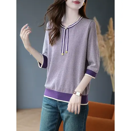 宝诗黎圆领格子七分袖针织衫内搭宽松显瘦2023新款早秋时尚上衣女商品大图