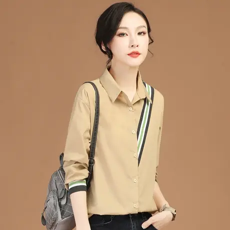 韩潮袭人慵懒风polo衫条纹长袖女士衬衫2022秋新款百搭衬衣设计感商品大图