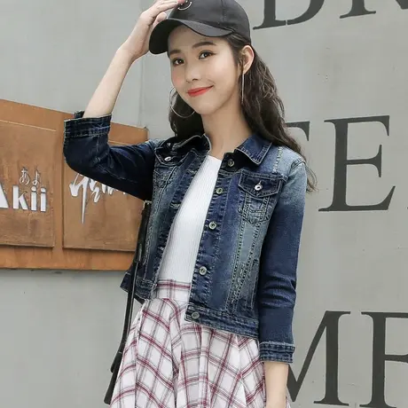 牛仔外套女短款修身韩版潮显瘦加小码七分袖春秋牛仔服上衣弹力商品大图