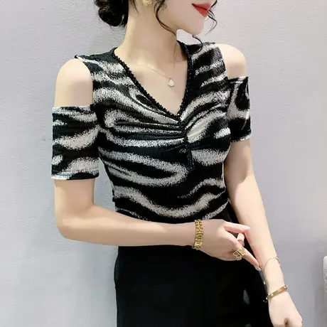 性感露肩网纱T恤女短袖欧货洋气印花V领小衫时尚钉珠修身百搭上衣商品大图