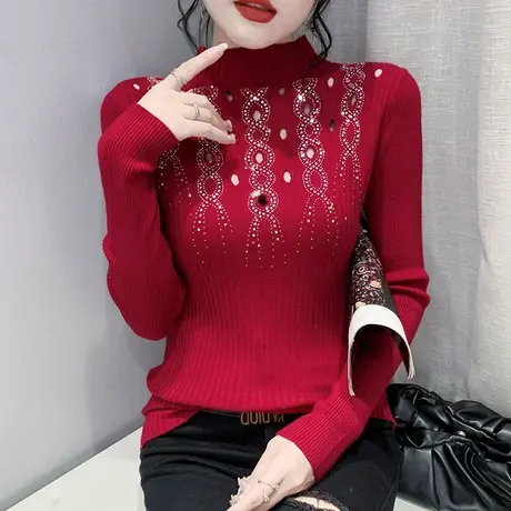 时尚烫钻毛衣女秋冬新款紧身半高领打底上衣长袖设计感镂空针织衫图片