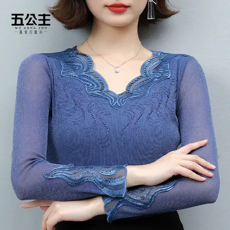五公主低领蕾丝打底衫新款春秋洋气亮丝妈妈小衫网纱内搭薄上衣女图片