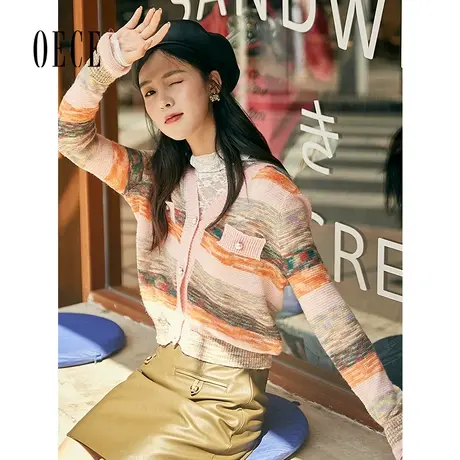 Oece条纹针织衫外套秋装新款女文艺百搭针织开衫商品大图