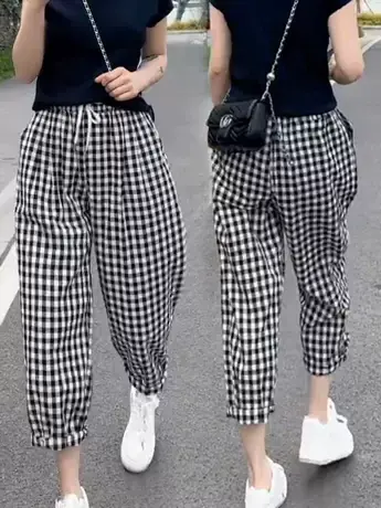 2023年春夏季新款黑白格子休闲裤女复古宽松显瘦松紧腰哈伦九分裤商品大图