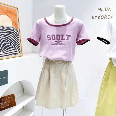 小个子甜酷显瘦方领短袖上衣2023夏季韩系修身纯棉螺纹T恤打底衫图片