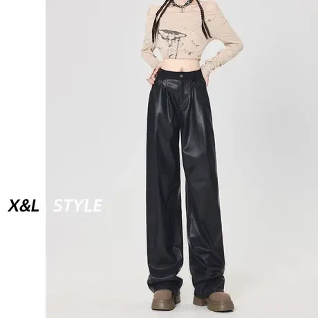 黑色美式皮裤女春秋2023新款高级感PU皮西装裤垂感直筒阔腿长裤子图片