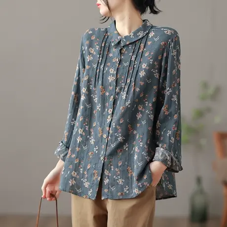 dza 文艺复古亚麻上衣女士碎花衬衫春季开衫上衣新款漂亮棉麻衬衣图片