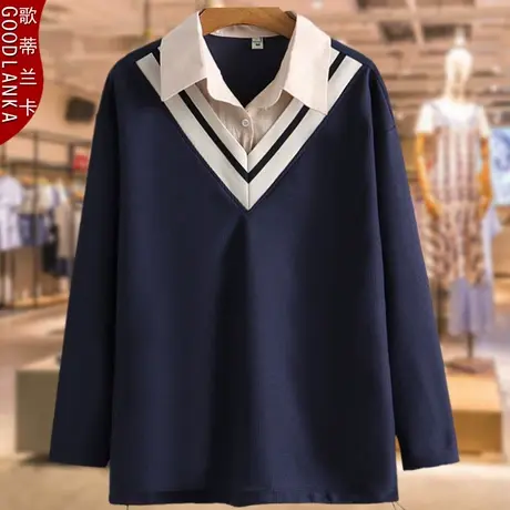 2022年春装新款假两件上衣加肥加大码POLO领打底衫中年胖妈妈卫衣图片