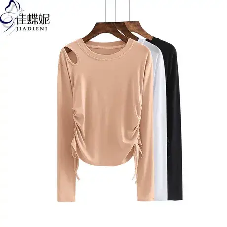 春秋新款圆领修身镂空抽绳设计上衣长袖打底内搭纯白女装显瘦T恤图片