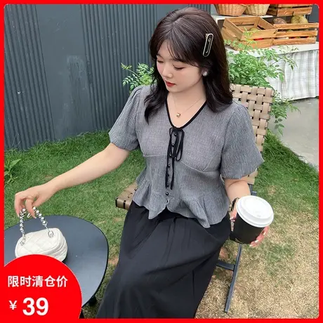 【清仓】胖MM上衣女2023夏季新款法式气质V领设计感别致短袖小衫商品大图