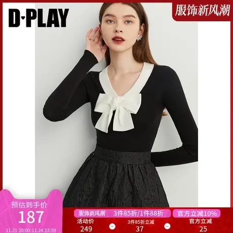 DPLAY冬新款法式黑拼白立体蝴蝶结修身V领针织打底衫图片