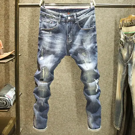 潮牌破洞牛仔裤男款秋季印花修身小脚裤个性时尚缝补设计潮流长裤商品大图