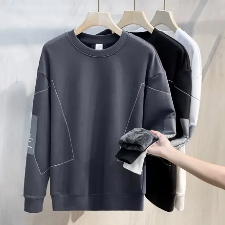 几何线条刺绣加绒卫衣男秋冬季2023新款潮流百搭打底衫保暖男外套商品大图