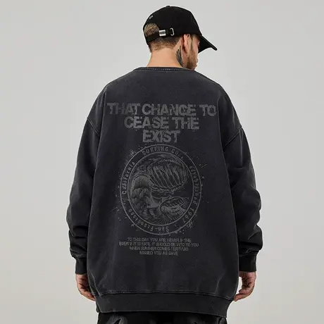 oversize港风圆领卫衣男生潮牌重磅大码男装春秋冬款加绒复古做旧商品大图