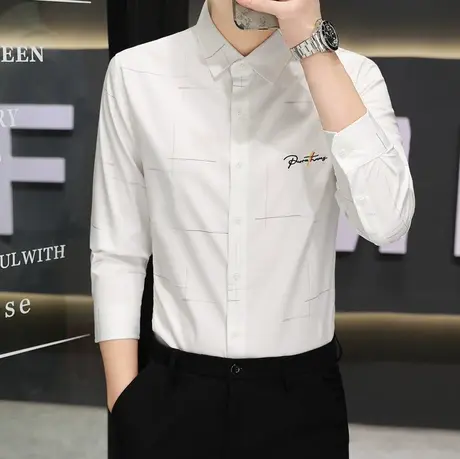 春秋刺绣寸衫休闲帅气高级感免烫长袖衬衫男士韩版修身职业装衬衣图片