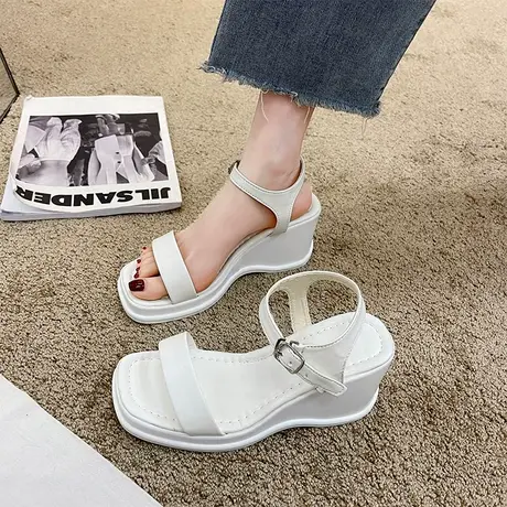 厚底凉鞋女夏季2024年新款网红一字扣带露趾高跟气质方头坡跟凉鞋商品大图