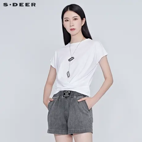 sdeer圣迪奥女装夏装圆领压褶基本款亲肤纯色短袖T恤S20280120👕商品大图