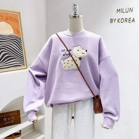 韩代款紫色上衣~秋冬奶甜系软糯加绒卫衣宽松大码遮肉减龄学院风图片