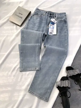 水洗浅蓝弹力牛仔直筒裤女2023冬季新款高腰显瘦小个子九分烟管裤商品大图