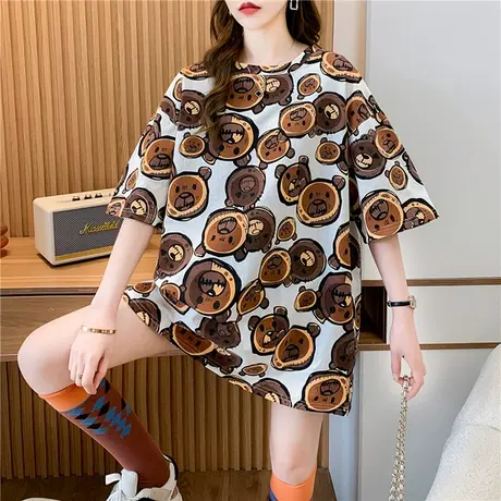 2024年韩国百搭卡通印花短袖T恤女宽松大码粉色情侣装潮牌ins潮图片