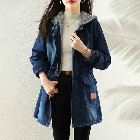 设计感时尚中长款牛仔外套女冬加绒厚羊羔毛秋冬季保暖穿什么棉衣图片
