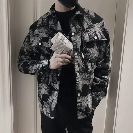 重工复古满印牛仔外套男秋季个性高级感潮流痞帅工装花色夹克上衣商品大图