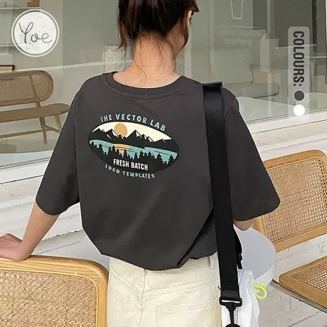 yoe2022新款炭灰气质显瘦上衣女美式复古宽松圆领纯棉短袖T恤ins商品大图