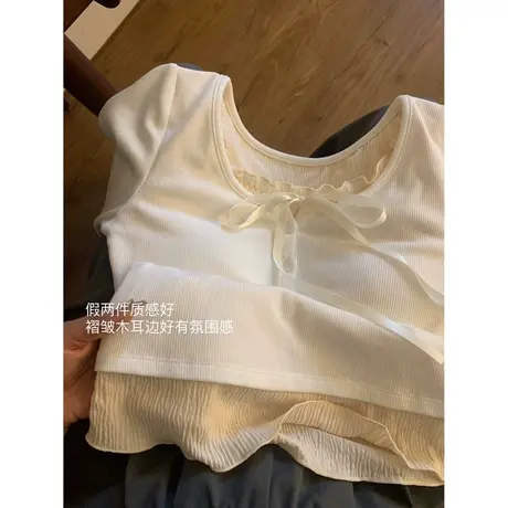 韩系甜妹风假两件长袖T恤女春季修身显瘦内搭打底衫木耳边上衣服商品大图