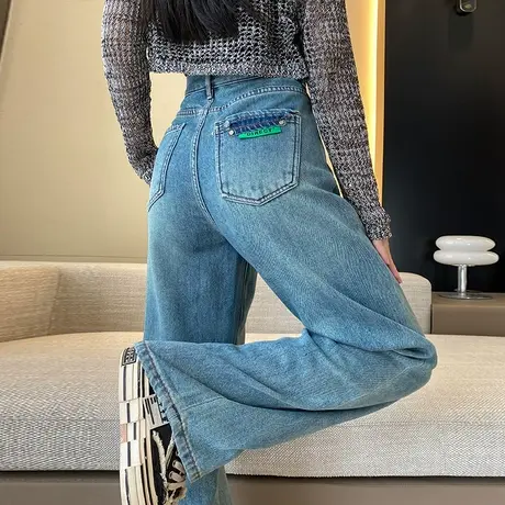 深蓝色阔腿裤女秋冬新款高腰宽松显瘦百搭拖地复古窄版直筒牛仔裤商品大图