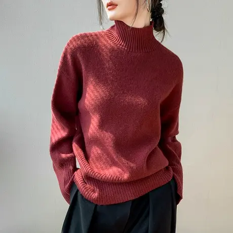 高领本命红长袖针织衫女2024春季新款宽松保暖纯色百搭内搭打底衫商品大图