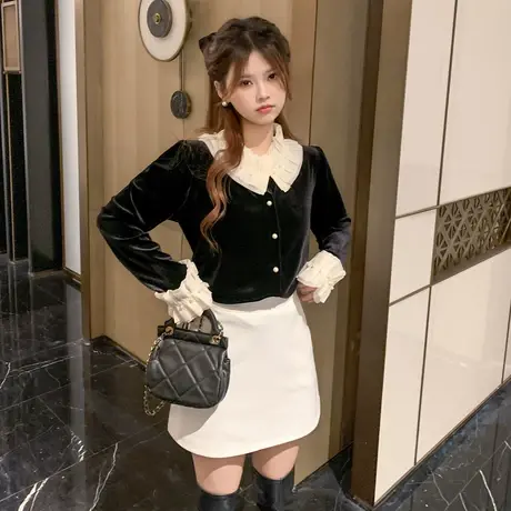 othermix小香风娃娃领衬衫女2024春季新款拼接纯欲法式短款上衣图片