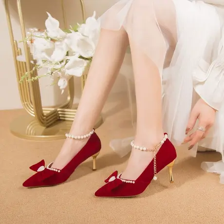 气质单鞋女款鞋子女鞋2024新款红色细高跟鞋珍珠蝴蝶结婚鞋新娘鞋图片