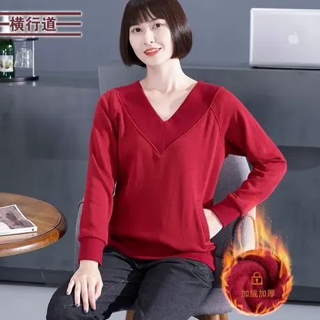 2024春装大码女装v领休闲宽松简约长袖卫衣纯色加绒上衣服黑色图片