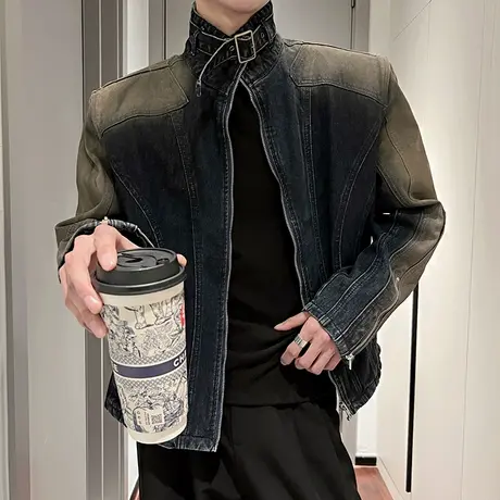 美式重工水洗牛仔外套男春季潮牌复古小众高级感痞帅炸街机车夹克商品大图