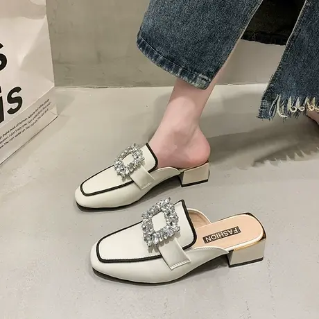 白色外穿包头半拖鞋女2024新款春秋季粗跟中跟单鞋水钻百搭小皮鞋商品大图