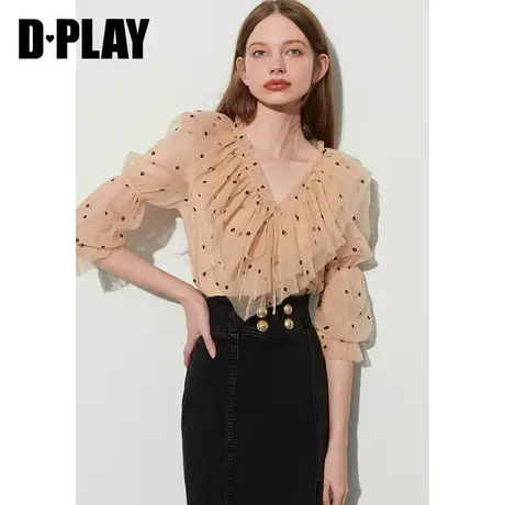 DPLAY 夏甜美法式卡其黑波点V领荷叶边小衫葫芦袖网纱上衣图片