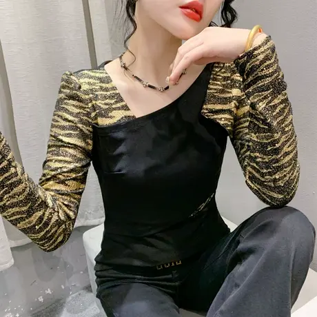欧货时尚女装性感镂空豹纹亮片T恤女长袖拼接洋气紧身上衣打底衫图片