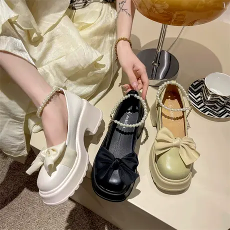 法式粗跟玛丽珍鞋女2024年新款小香风珍珠单鞋蝴蝶结高跟小皮鞋潮商品大图