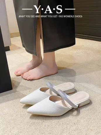 包头半拖鞋女外穿2024年春夏新款水钻一字带粗跟尖头半托仙女凉拖图片