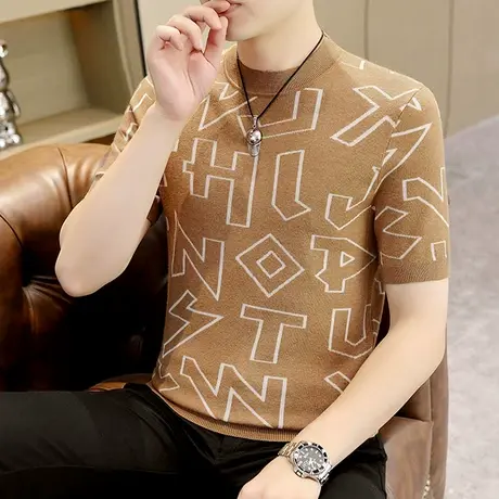 春秋冬季半高领短袖毛衣男士套头青年潮流时尚提花针织打底衫T恤商品大图