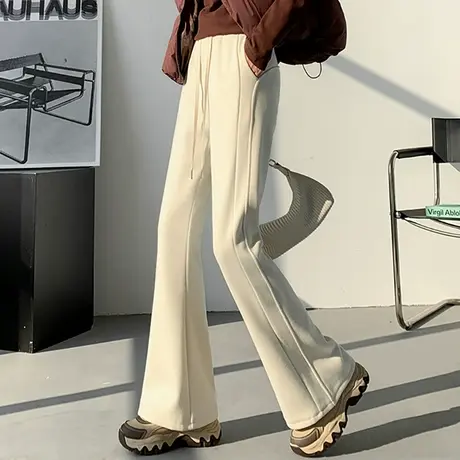 【3月4春新品8折】美式松紧高腰微喇裤修身显瘦拼接运动休闲卫裤图片