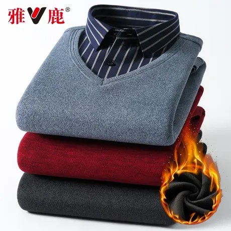 【加绒保暖】雅鹿男士假两件衬衫领毛衣2023冬季商务休闲针织衫男商品大图