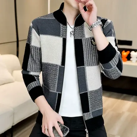 秋季拉链开衫男毛衣潮流拼色帅气休闲立领棒球服韩版格子针织外套商品大图