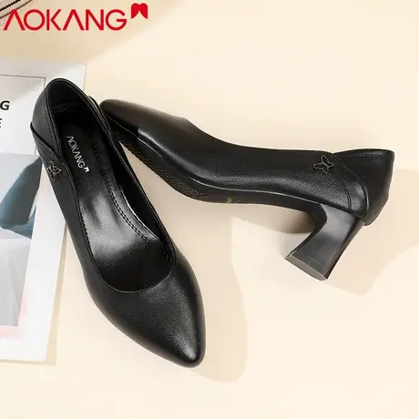 奥康女鞋2022新款高跟鞋真皮一脚蹬单鞋浅口正装职业尖头通勤图片