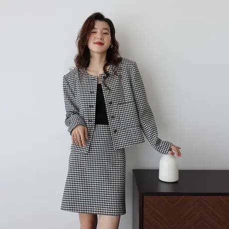 2023春新款法式小香风短外套女千鸟格半裙套装时尚减龄洋气设计感商品大图