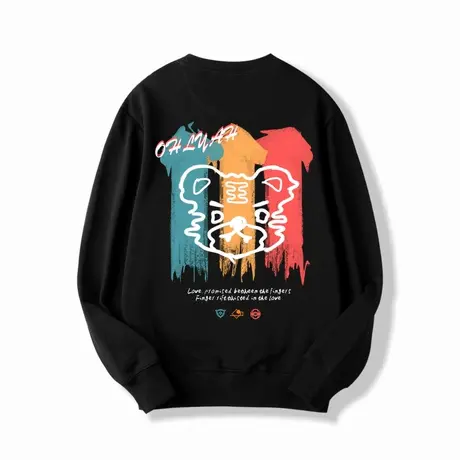 Ohlyah潮牌卫衣女秋冬季黑色动物印花长袖上衣潮流圆领情侣外套商品大图